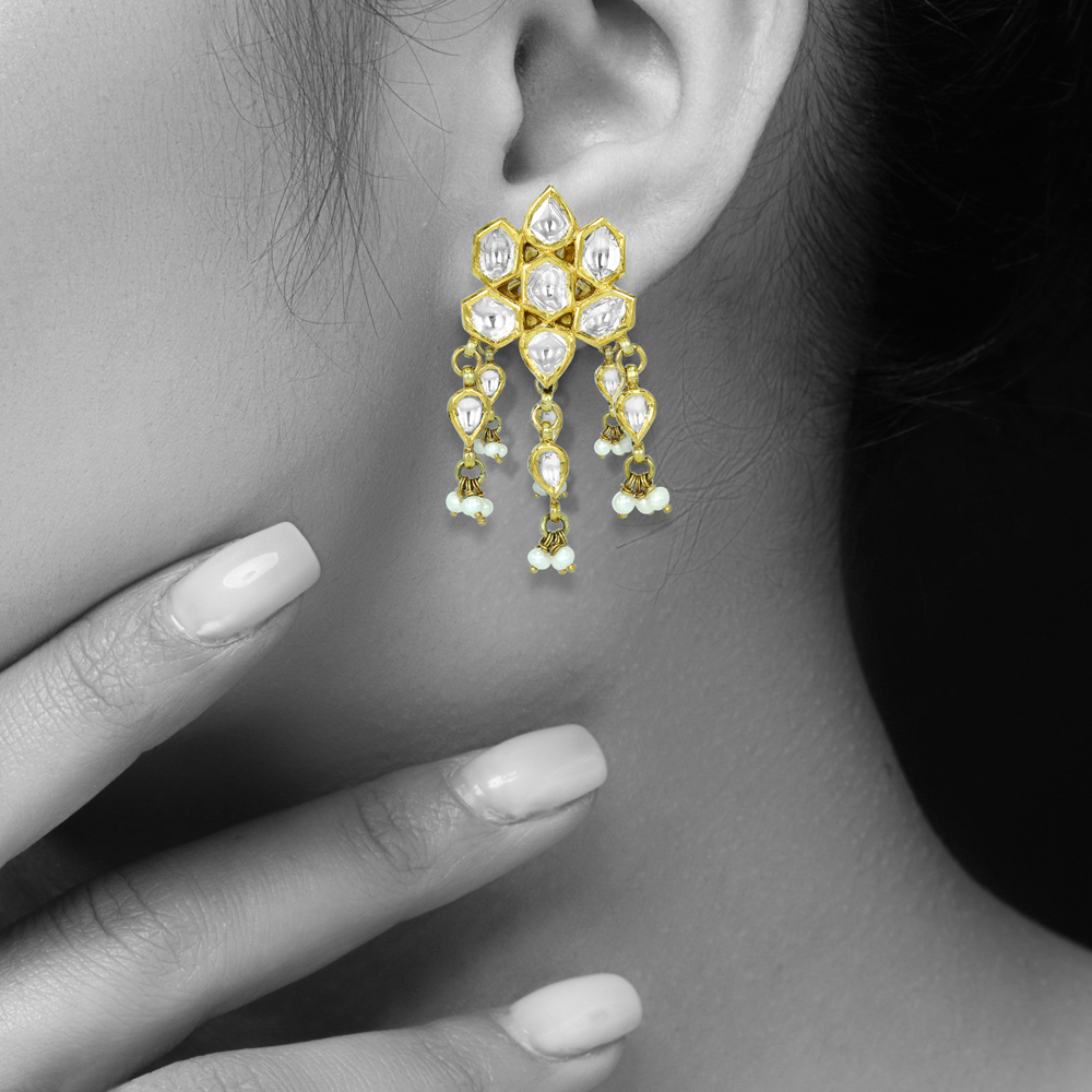 Polki Floral Earrings with Pearls